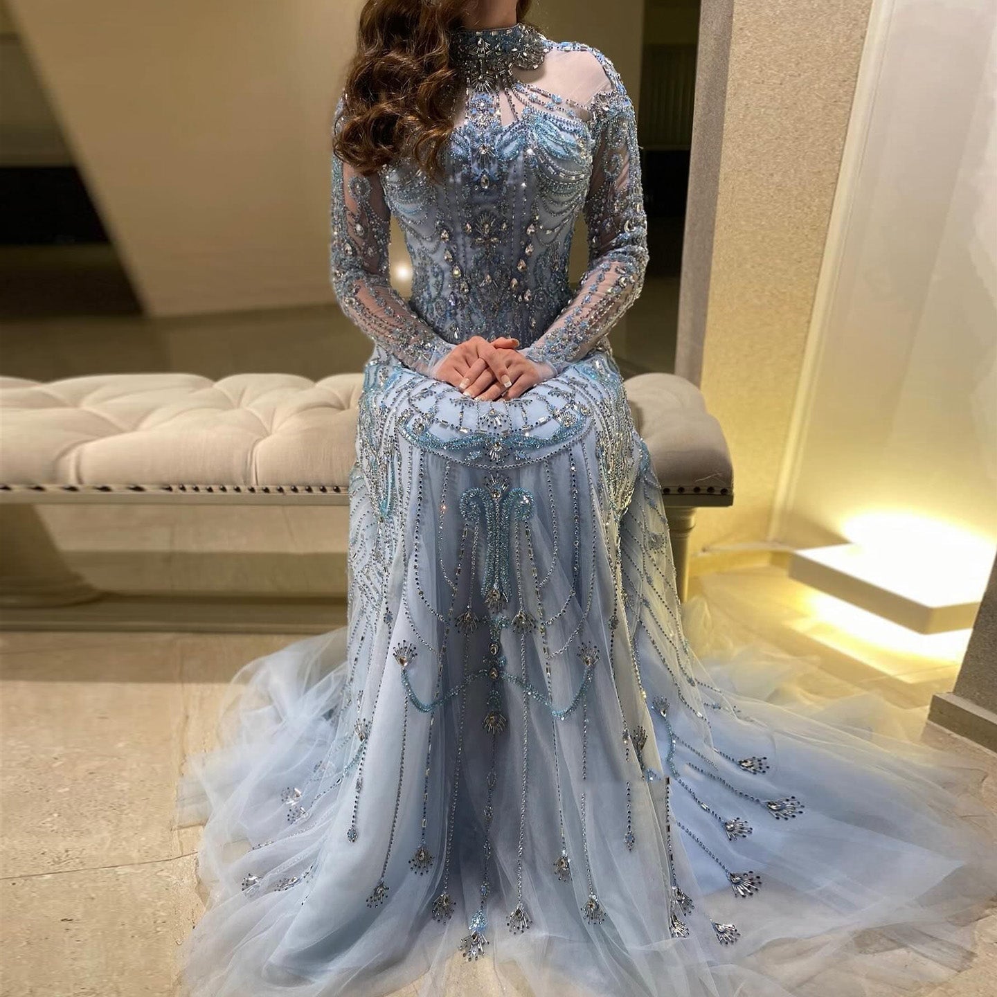 Luxury Blue Long Sleeves High Neck Evening Dress SS587