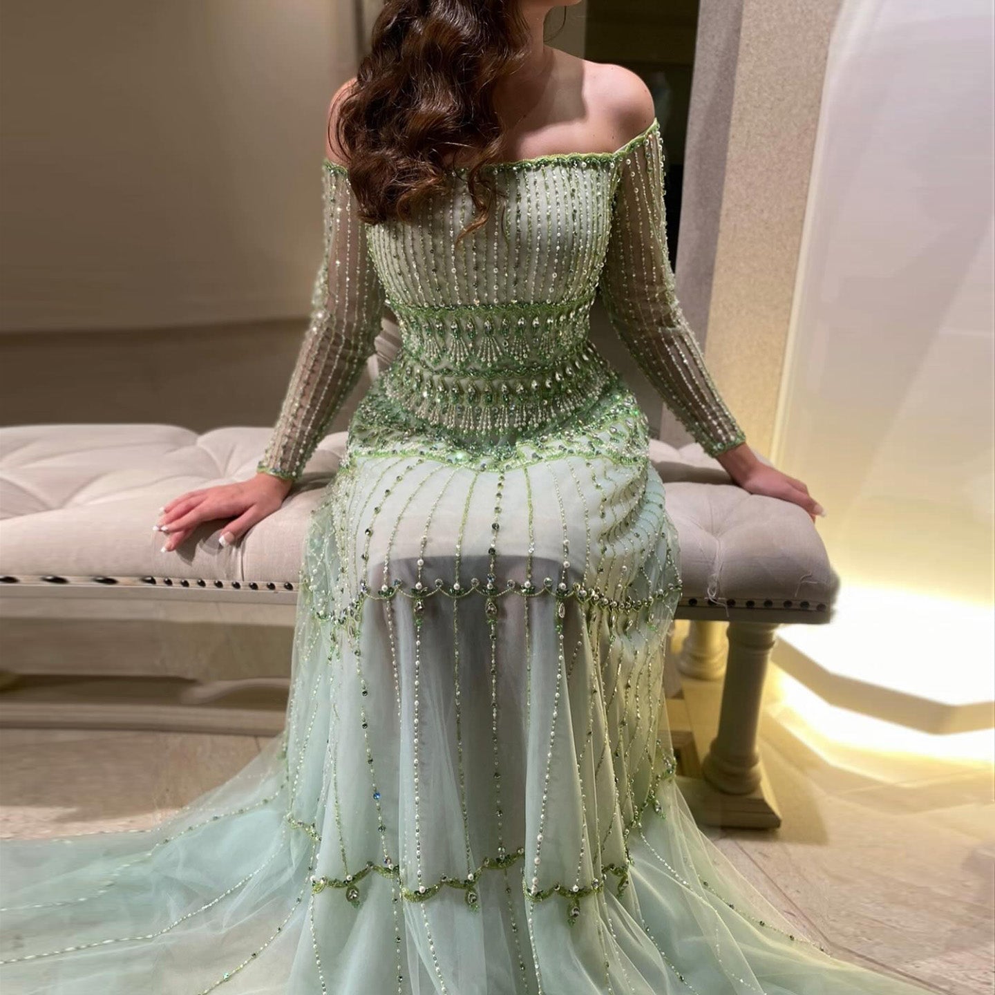 Elegant Off Shoulder Sage Green Evening Dress SS588