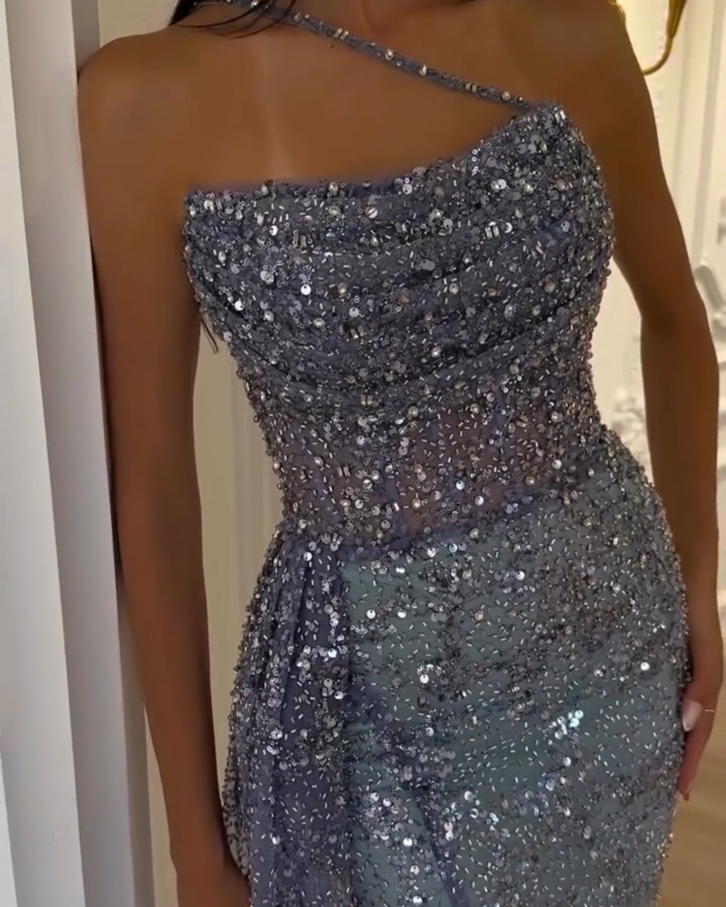 Luxury Blue One Shoulder Evening Dress with Overskirt SS710