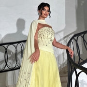 Graceful Crystal Yellow Strapless Evening Dress with Scarf XD-009