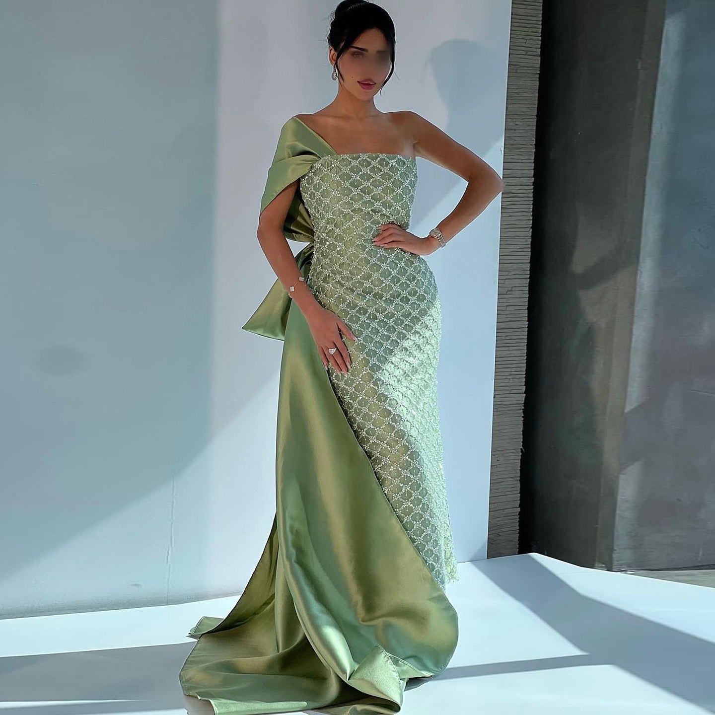 Elegant Green Beaded One Shoulder Evening Dress with Overskirt SS626