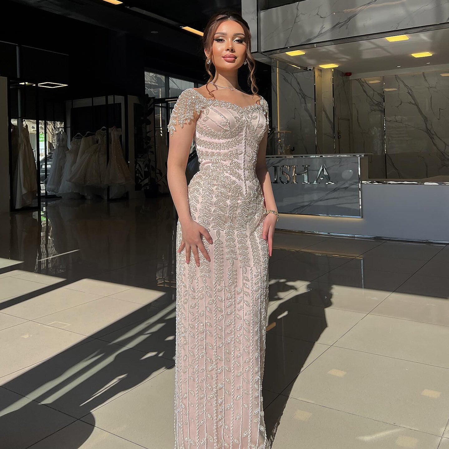 Luxury Tassel Cream Straight Evening Dress SS712  Pink / US 18