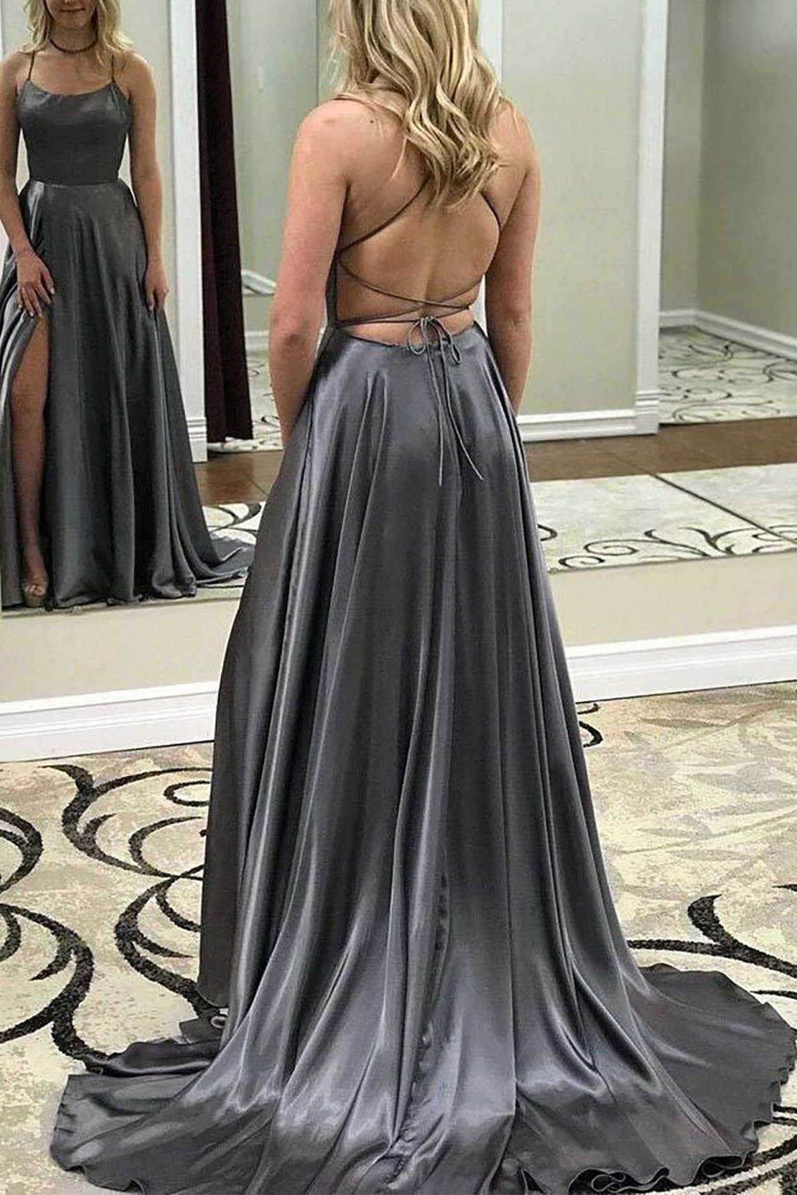 A-line Bateau Spaghetti Straps Sweep Train Charmeuse Prom Dress With Split-425