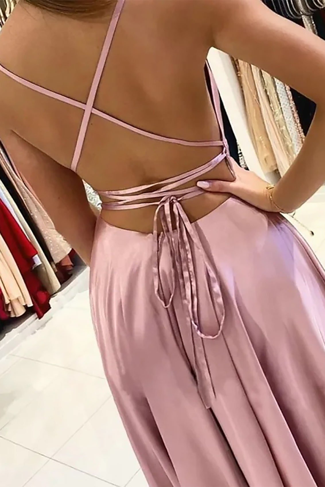 A-line Bateau Spaghetti Straps Sweep Train Charmeuse Prom Dress With Split-427