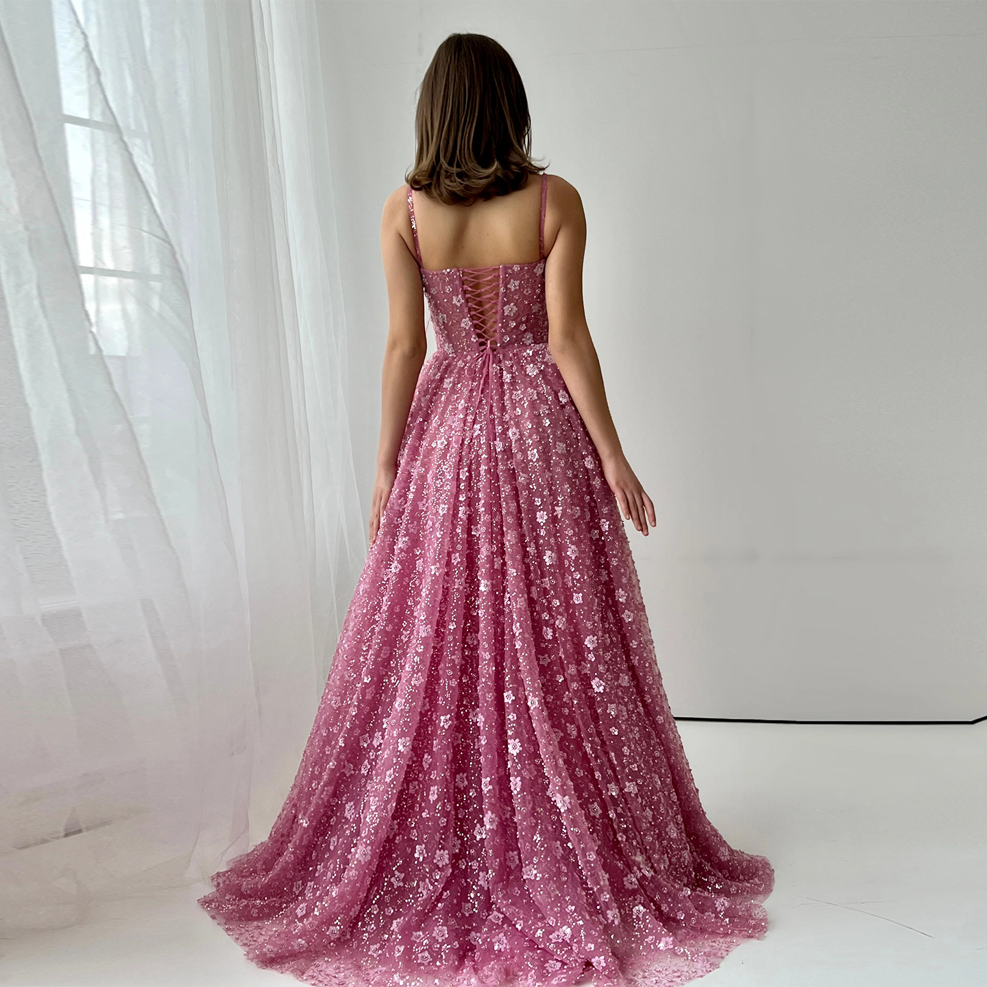 Delicate Pink 3D Floral Spaghetti Evening Dress SS701