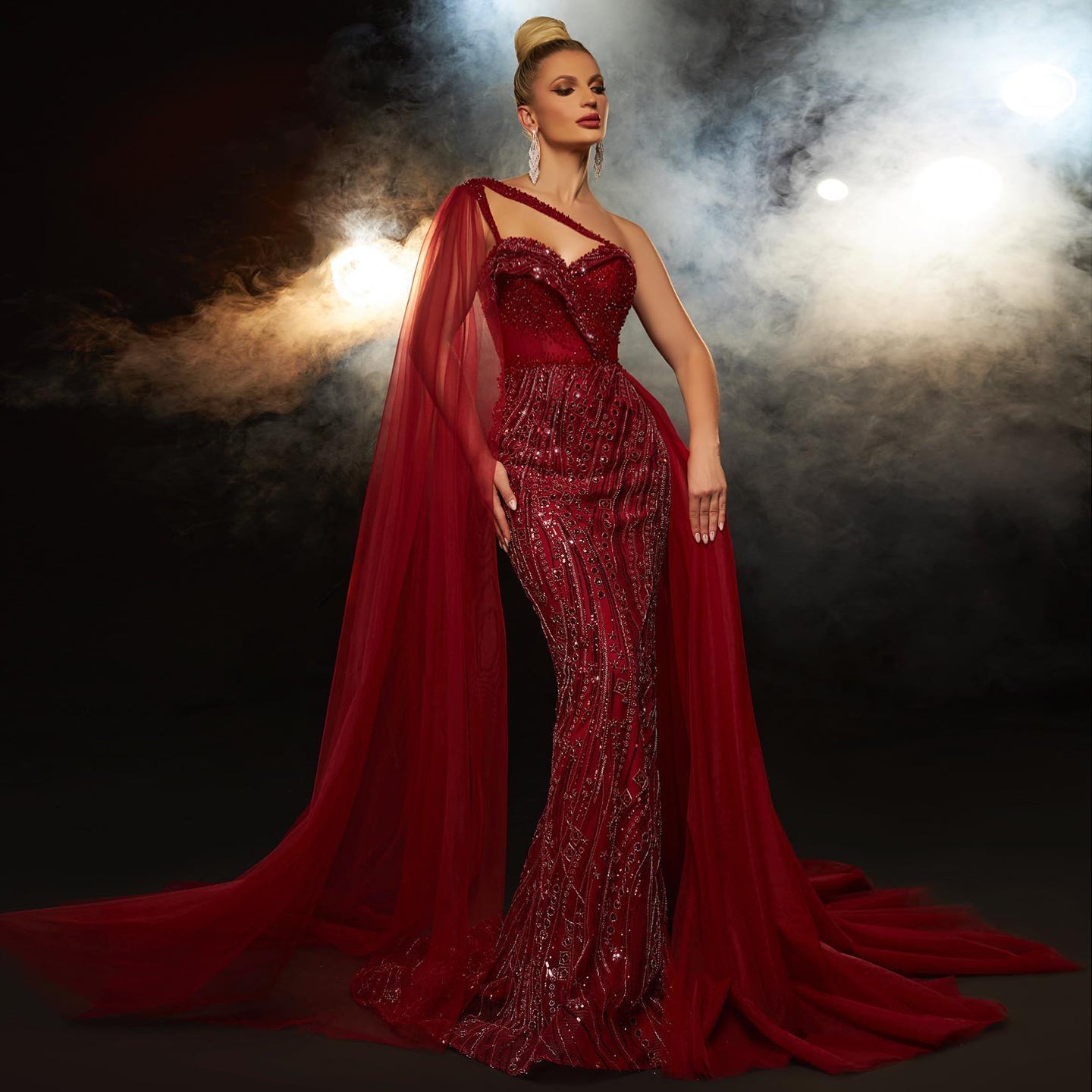 Burgundy One Shoulder Mermaid Evening Dress with Cape Overskirt SS129