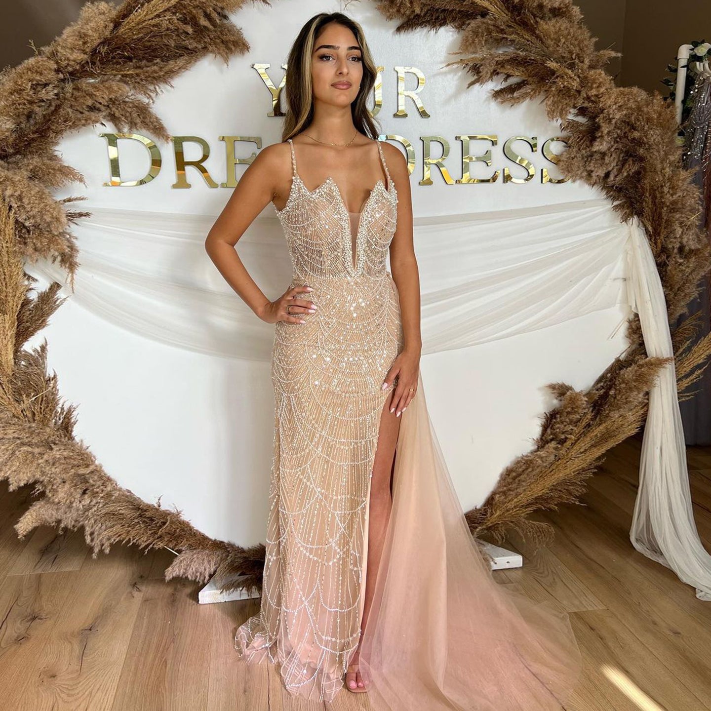 Luxury Nude Spaghetti Evening Dress with Overskirt SS611