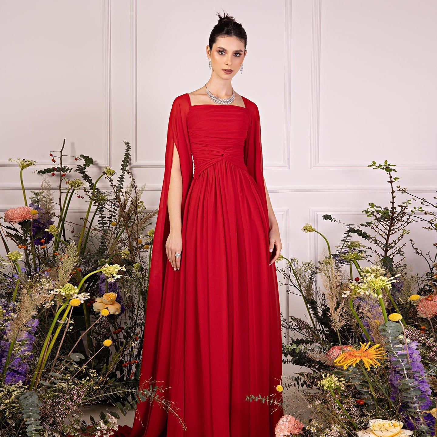 Elegant Red Chiffon Evening Dresses with Cape Sleeves SF032  Red / US 16