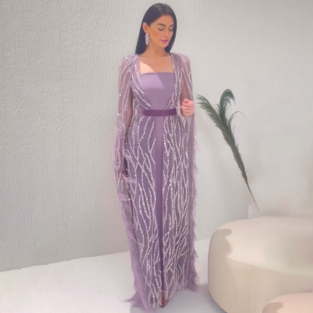 DreamyVow Luxury Dubai Feathers Light Yellow Evening Dresses with Cape Sleeves Arabic Purple Women Wedding Party Gowns 420