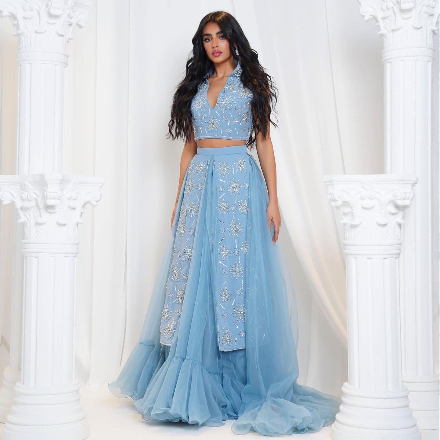 Luxury Blue Beaded 2 pieces Evening Dress with ruffles SS597