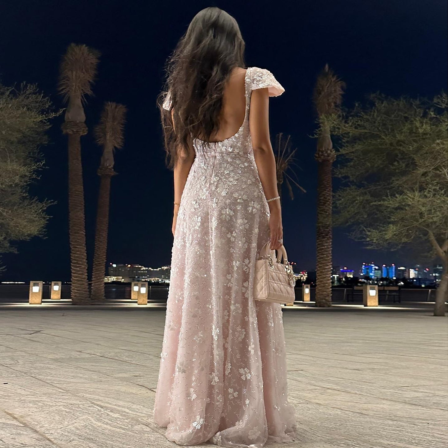 Chic Pink Floral Square Neck Evening Dress SS602