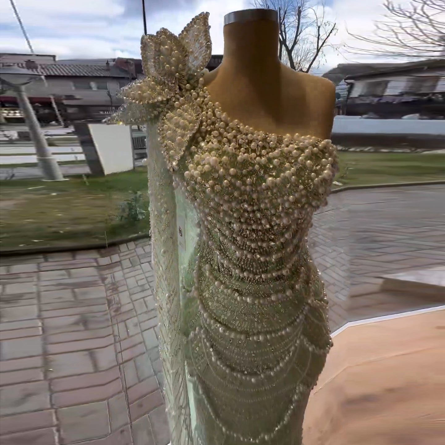 Luxury Pearls 3D Flower Green One Shoulder Evening Dress SS688