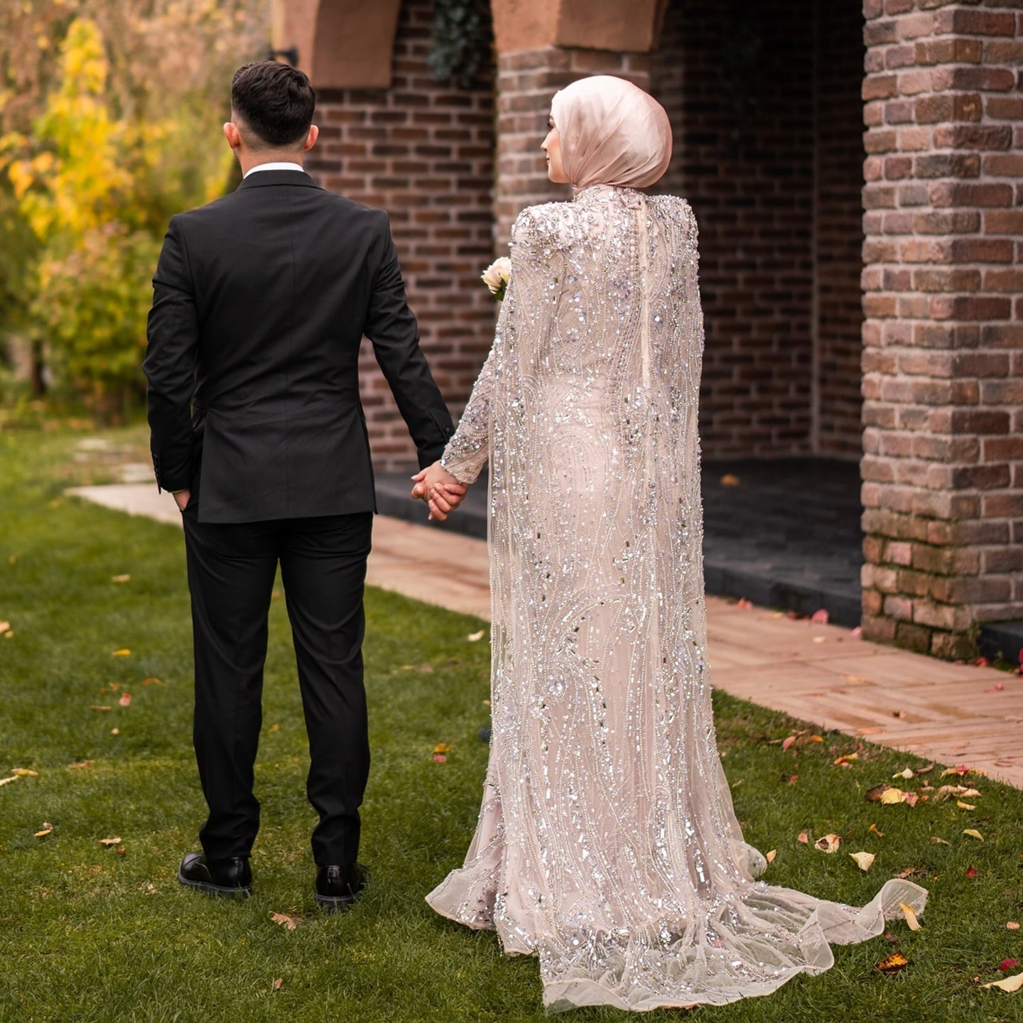 Luxury Champagne Long Sleeve High Neck Evening Dress with Cape SS366