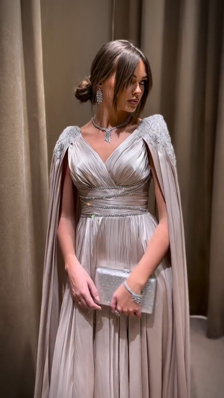 Luxury Crystal Rose Gold Evening Dress with Cape SS589