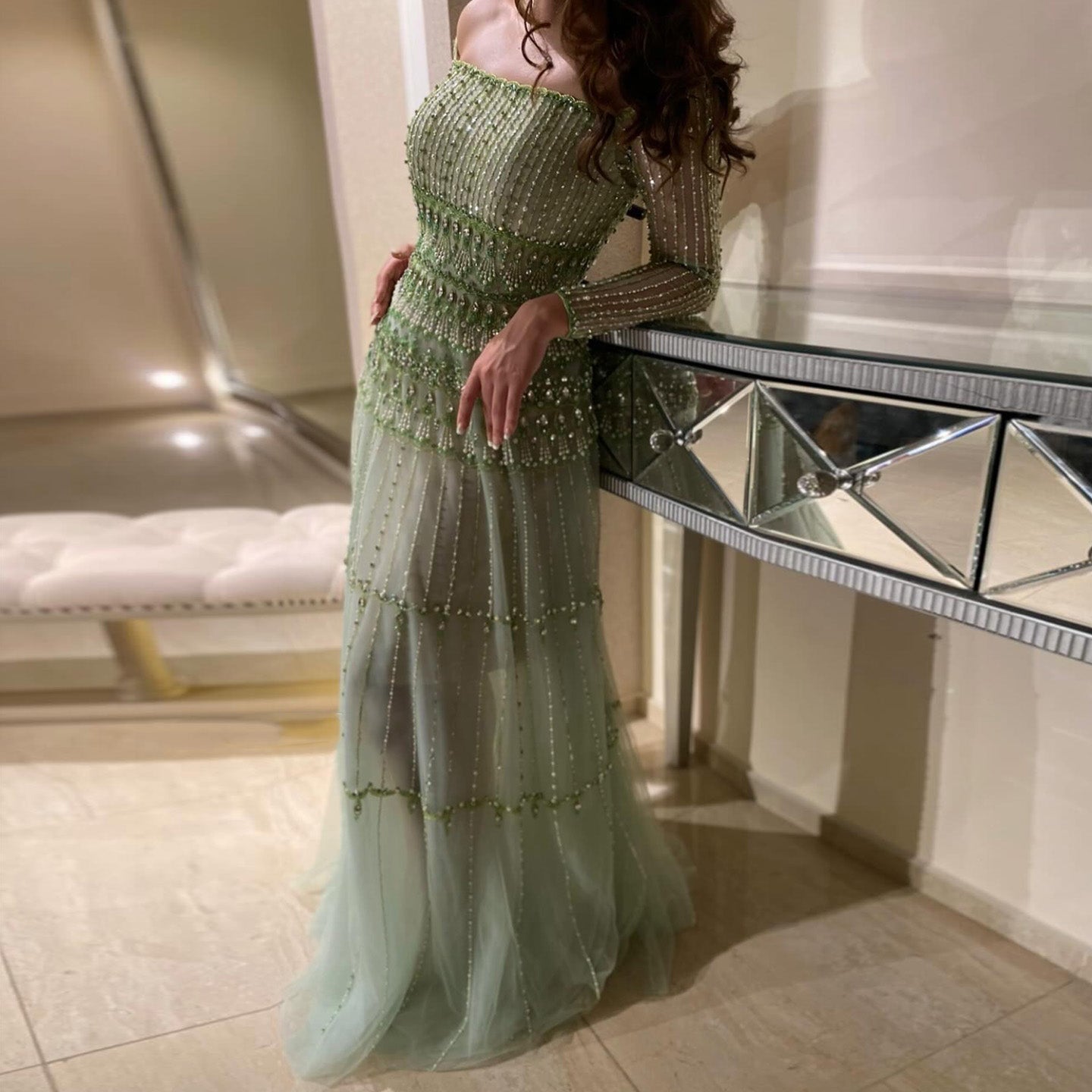 Elegant Off Shoulder Sage Green Evening Dress SS588