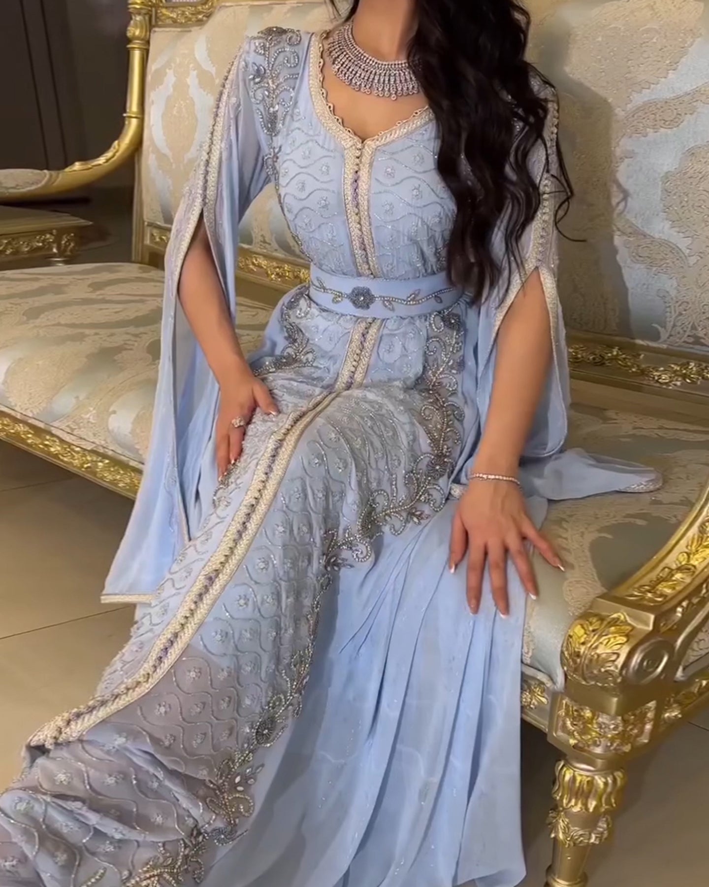 Luxury Moroccan Kaftan Blue Long Sleeve Evening Dress SS404