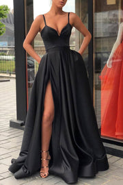 Satin Prom Dress A-line/Princess Long/Floor-Length Sleeveless With Split Pockets-0
