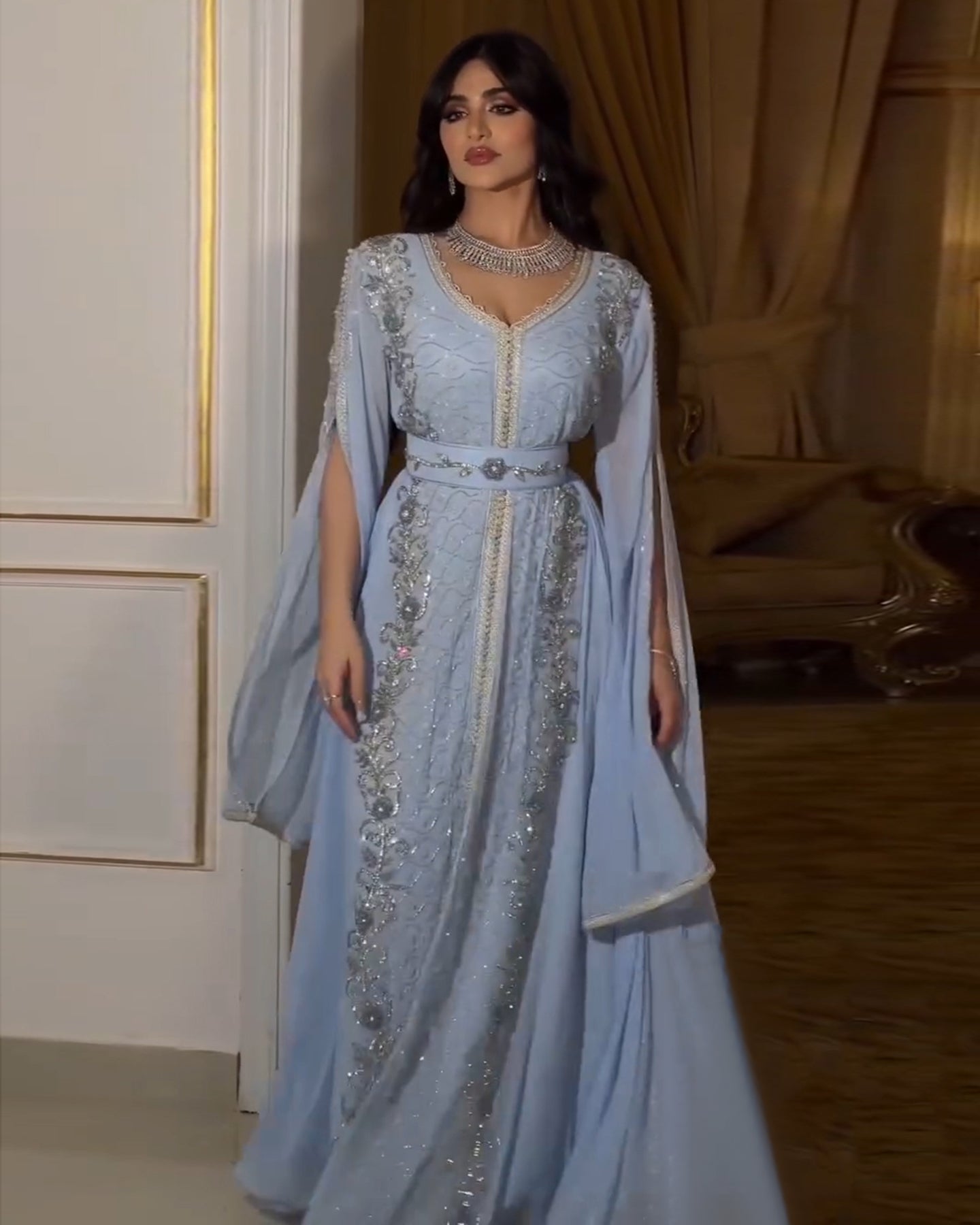 Luxury Moroccan Kaftan Blue Long Sleeve Evening Dress SS404