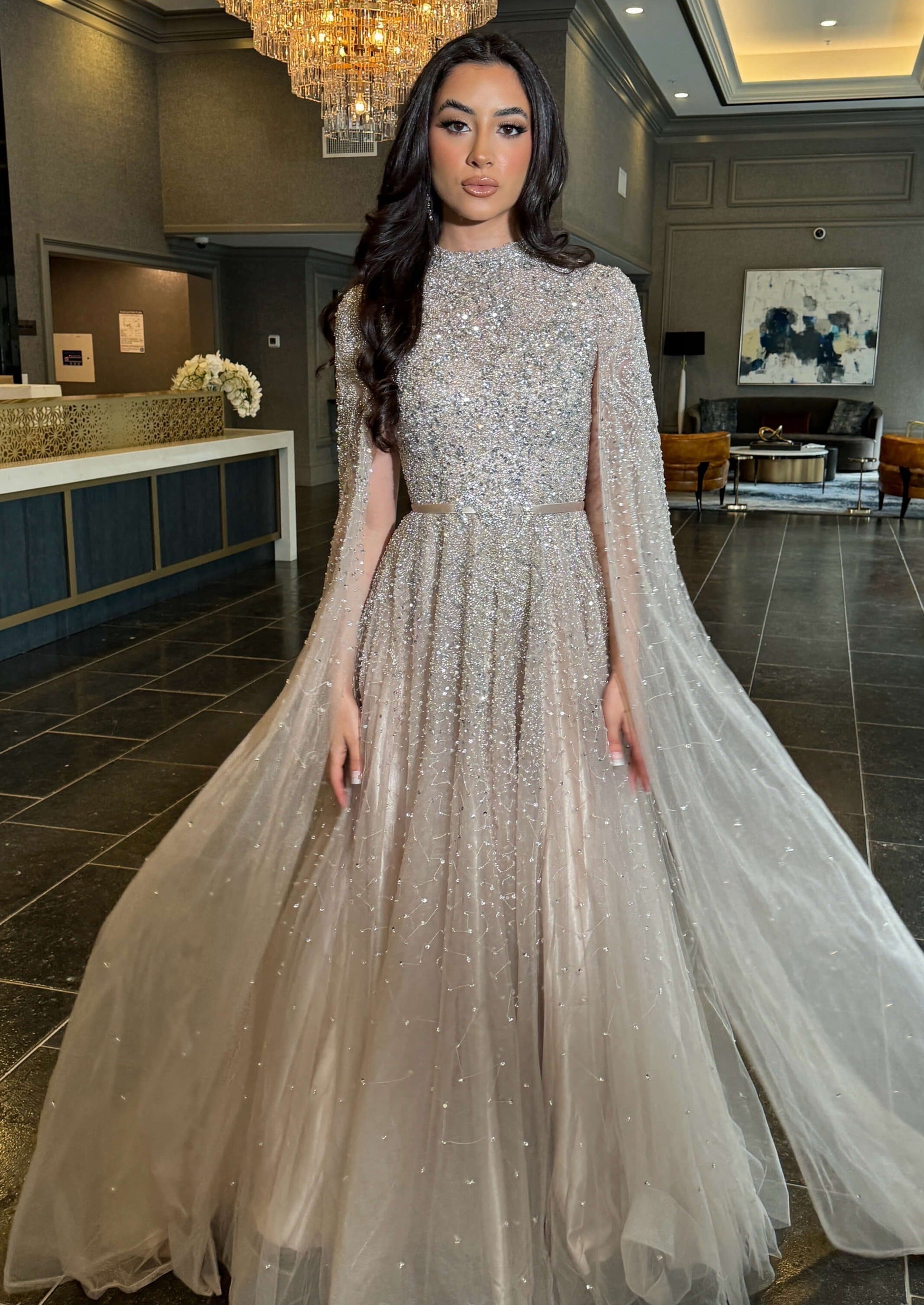 Luxury Blue High Neck Evening Dress with Cape Sleeves SS451