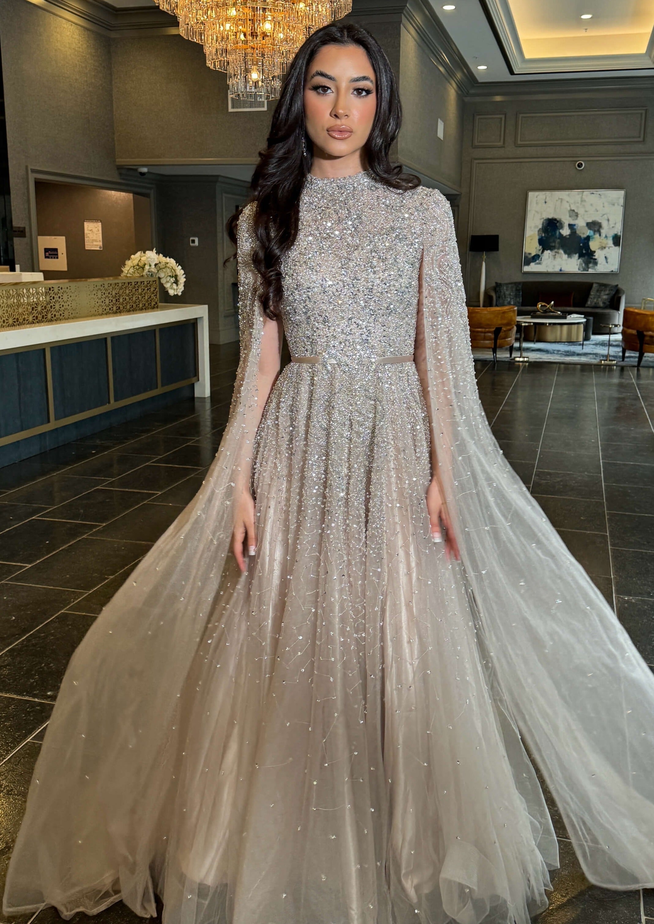 Luxury Blue High Neck Evening Dress with Cape Sleeves SS451