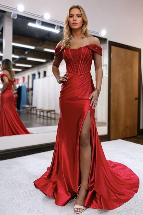 Trumpet/Mermaid Elastic Woven Satin Ruched Off-the-Shoulder Prom Dresses Sleeveless Long Green Evening Gowns