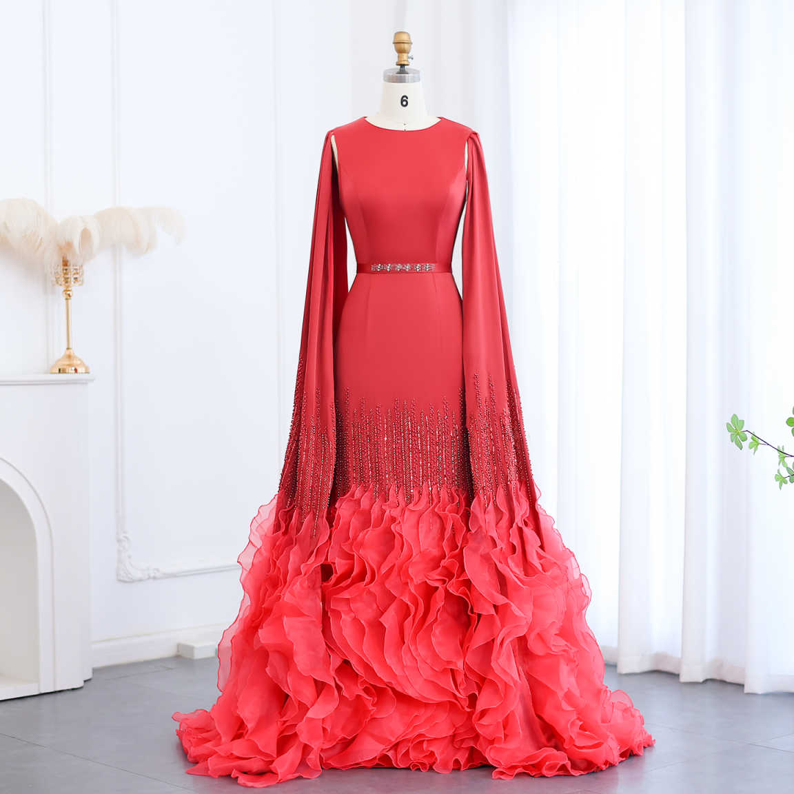 Luxury Nude Ruffles Evening Dress with Cape Sleeves SS440  Red / US 20