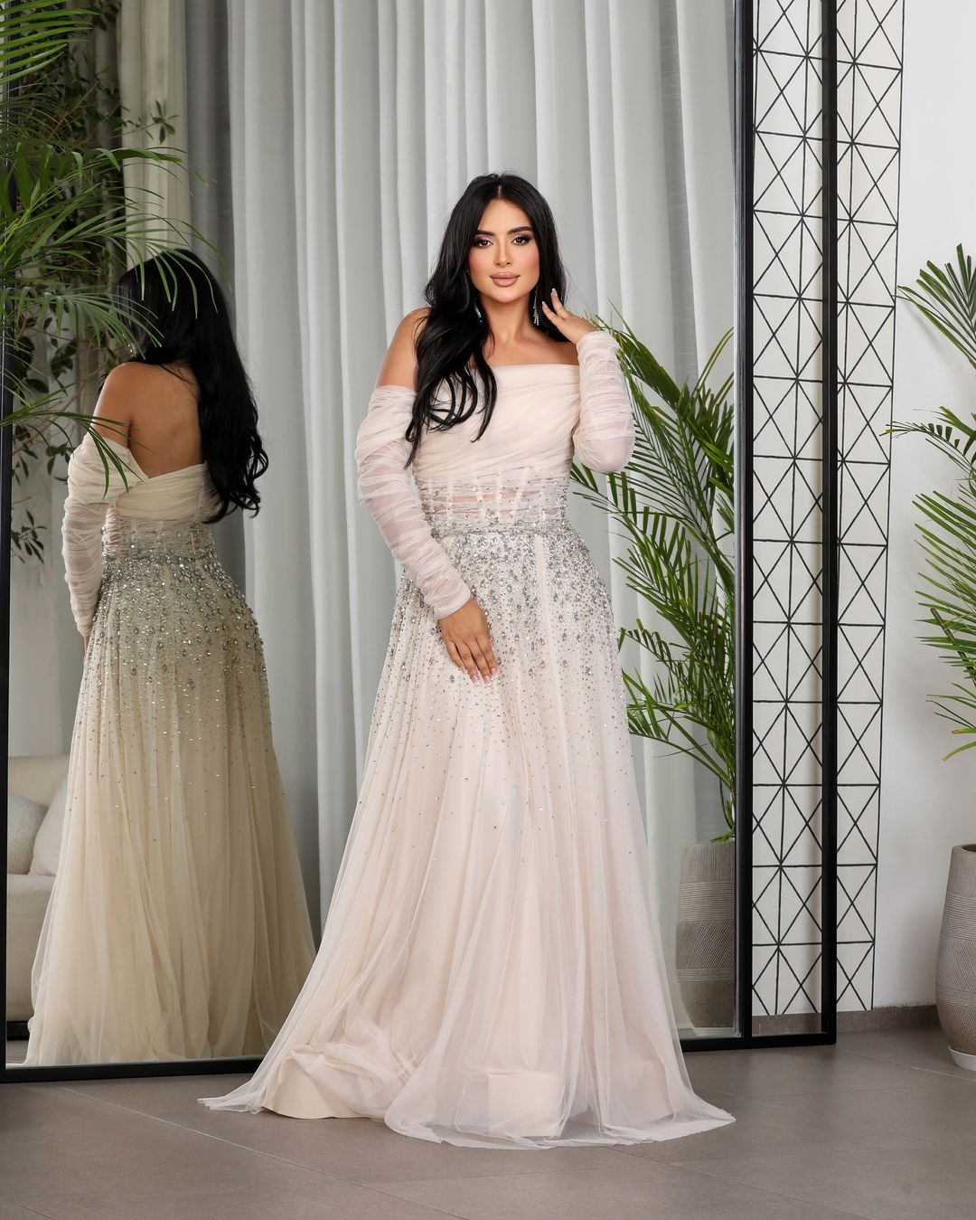 Elegant Black Beaded Tulle Off Shoulder Evening Dress SF333  White / US 20