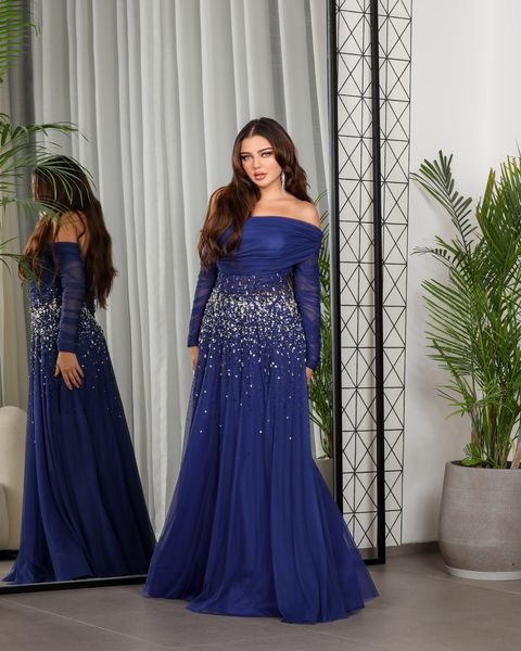 Elegant Black Beaded Tulle Off Shoulder Evening Dress SF333