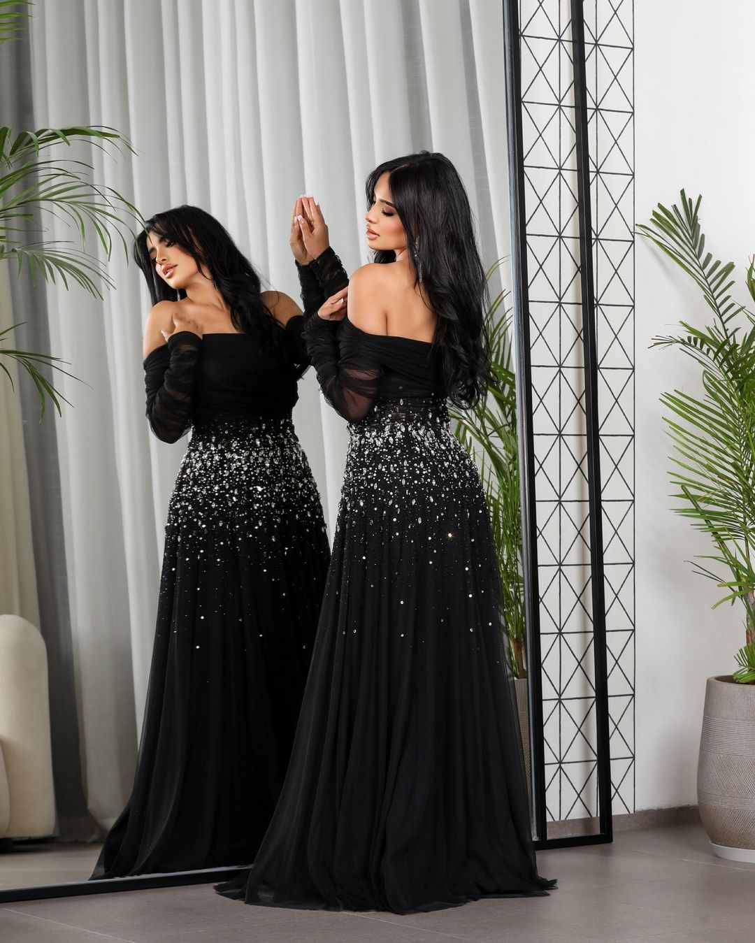 Elegant Black Beaded Tulle Off Shoulder Evening Dress SF333