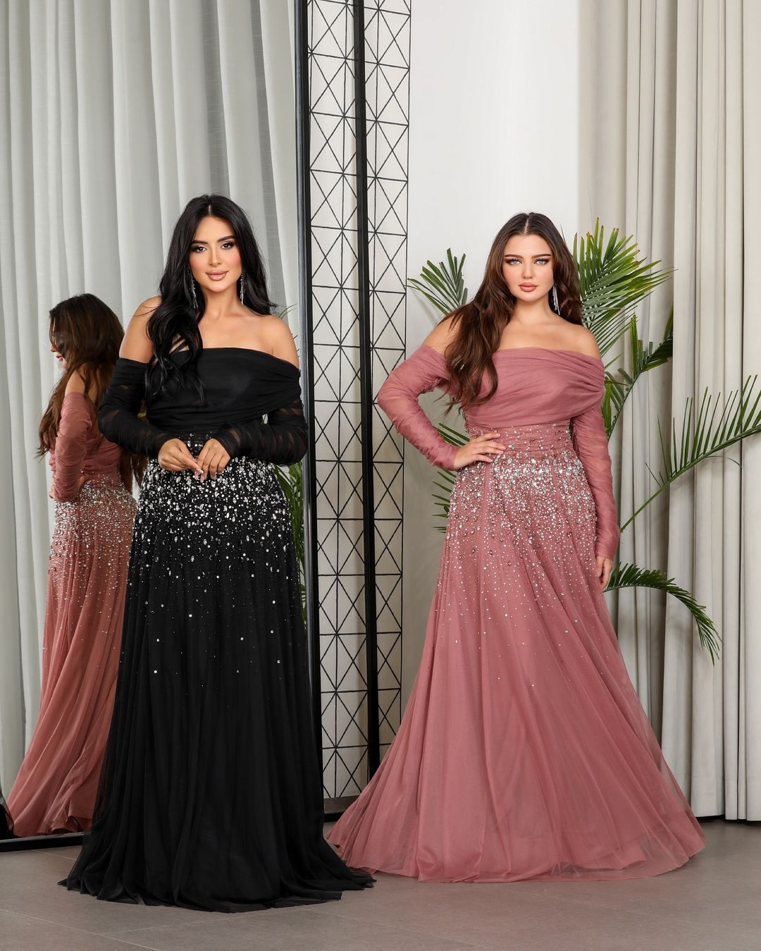 Elegant Black Beaded Tulle Off Shoulder Evening Dress SF333