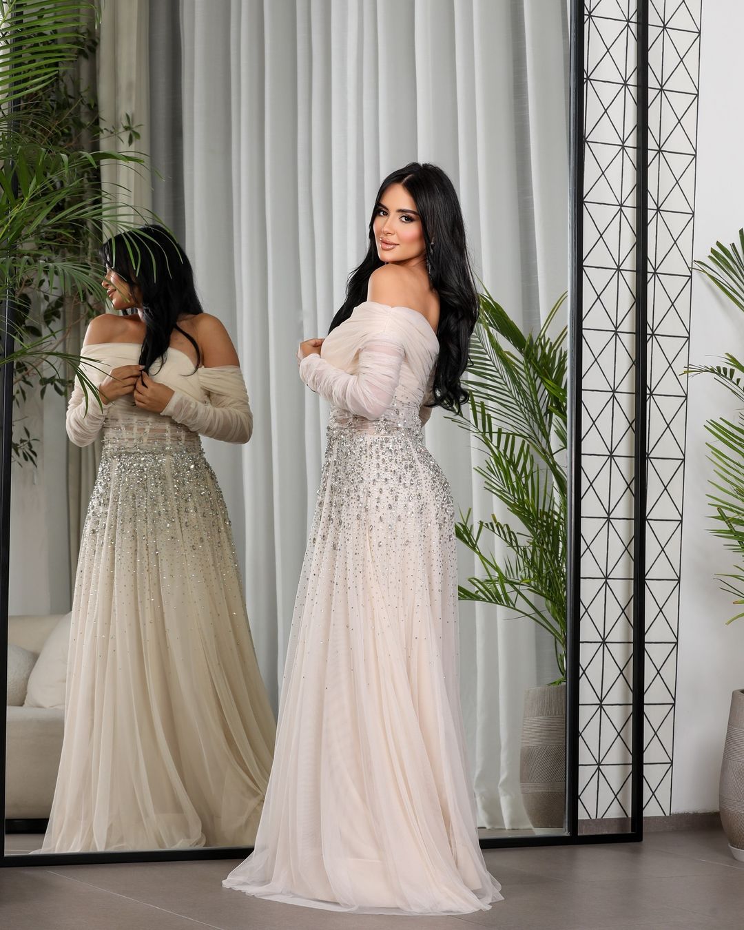 Elegant Black Beaded Tulle Off Shoulder Evening Dress SF333