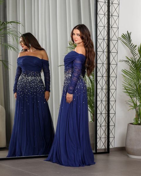 Elegant Black Beaded Tulle Off Shoulder Evening Dress SF333