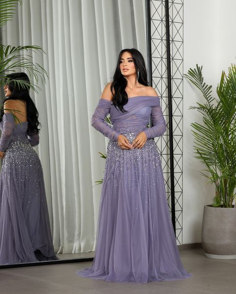 Elegant Black Beaded Tulle Off Shoulder Evening Dress SF333  Purple / US 20