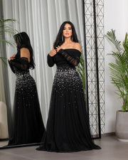 Elegant Black Beaded Tulle Off Shoulder Evening Dress SF333