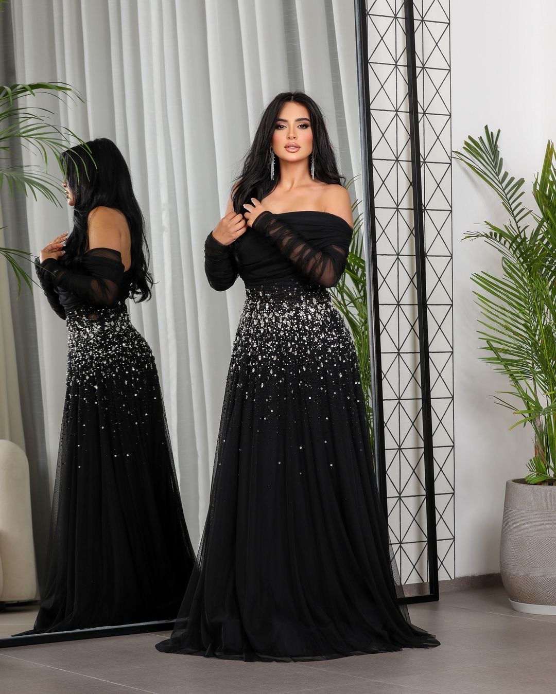 Elegant Black Beaded Tulle Off Shoulder Evening Dress SF333