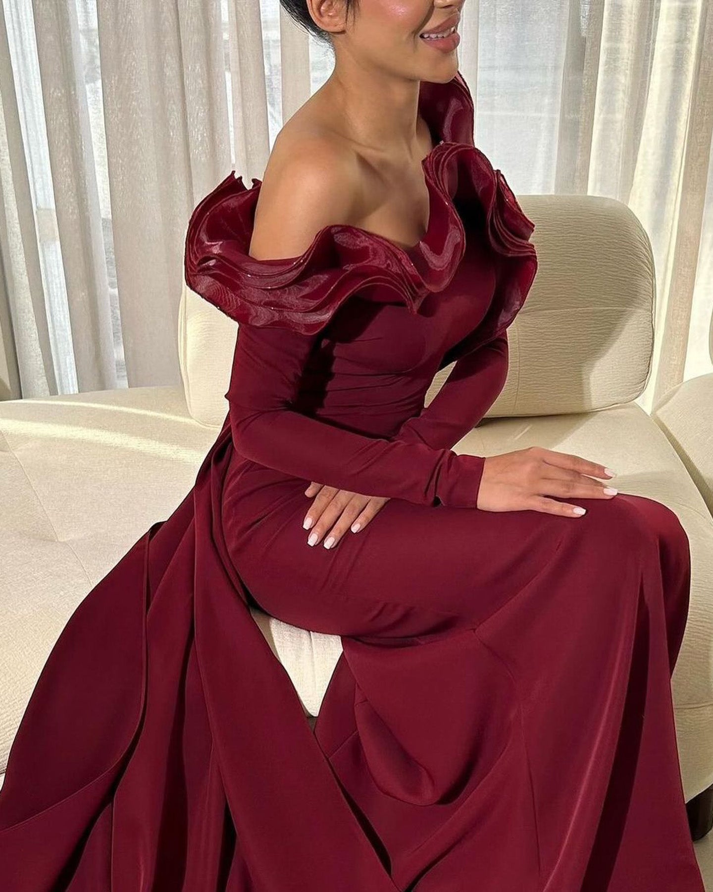Elegant Purple Ruffles Off Shoulder Evening Dress with Overskirt SF142
