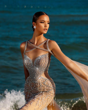 Luxury Crystal Evening Dress with Cape Sleeves SS211