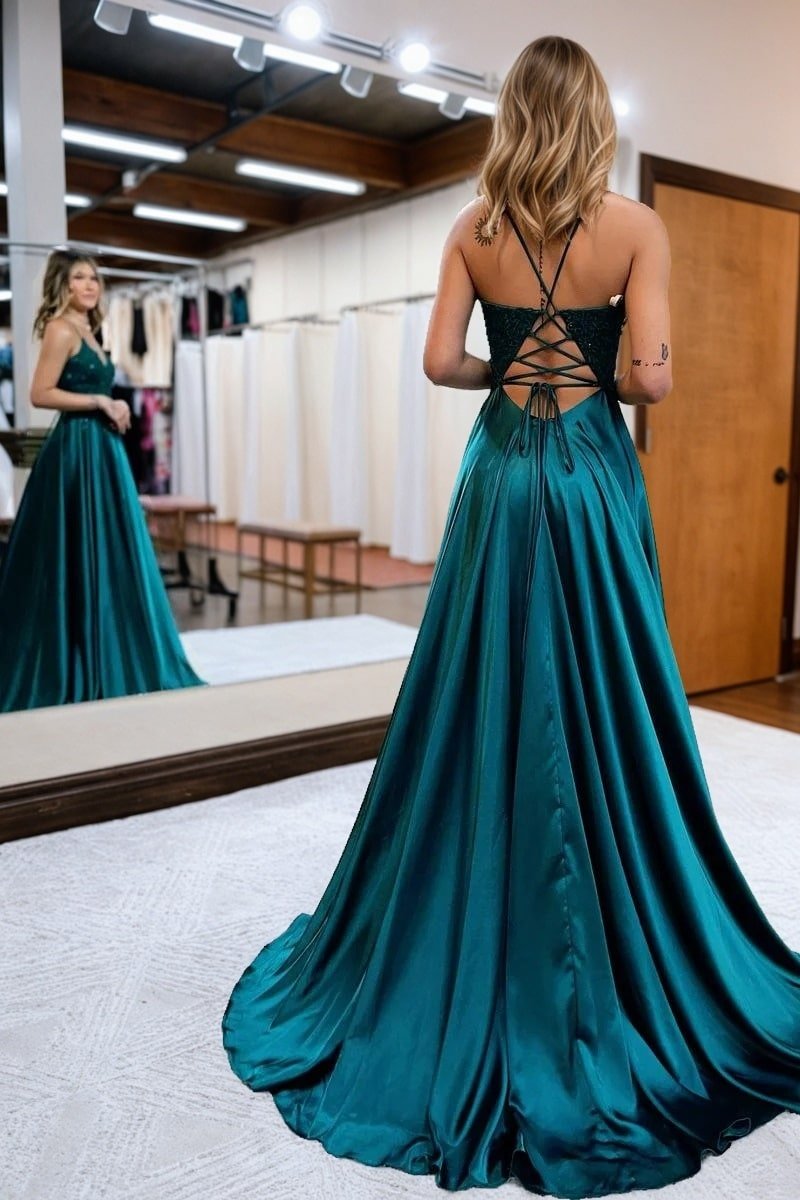 A-Line/Princess Silk Applique V-neck Sleeveless Prom Dresses Long Formal Evening Gowns-529