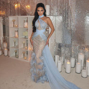 Luxury Halter Feathers Beaded Pink Dress with Overskirt SS576