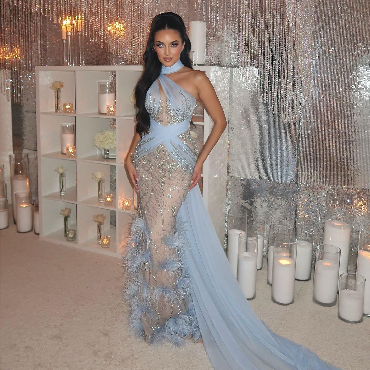 Luxury Halter Feathers Beaded Pink Dress with Overskirt SS576