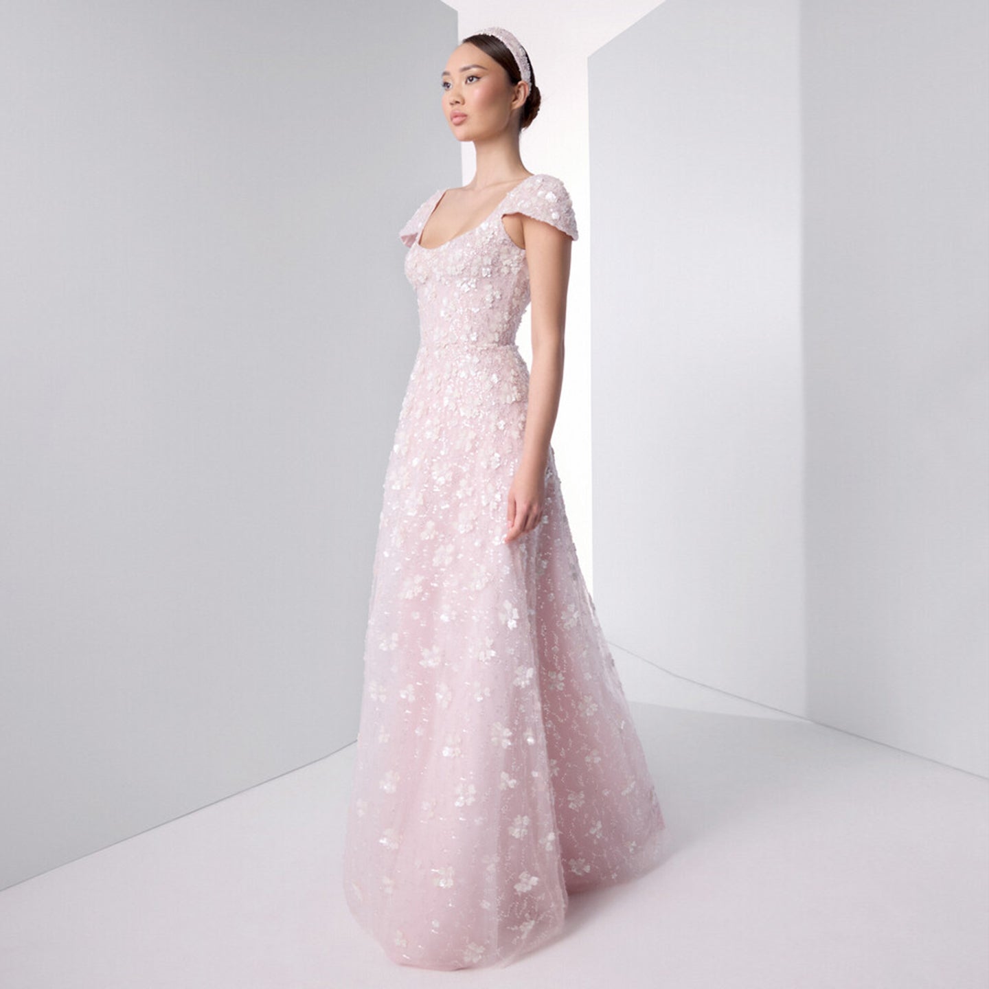 Chic Pink Floral Square Neck Evening Dress SS602