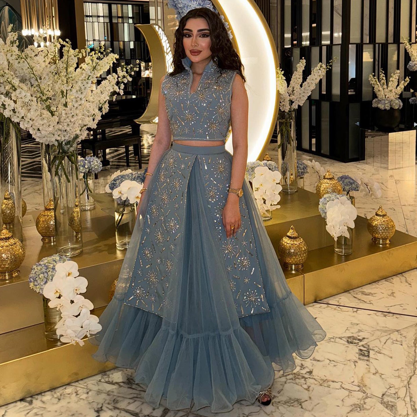 Luxury Blue Beaded 2 pieces Evening Dress with ruffles SS597