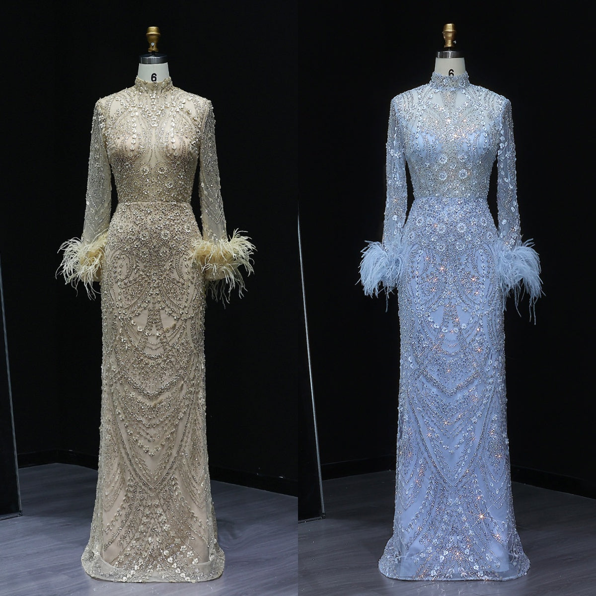 Luxury Feather Gold Long Sleeves High Neck Evening Dress SS659