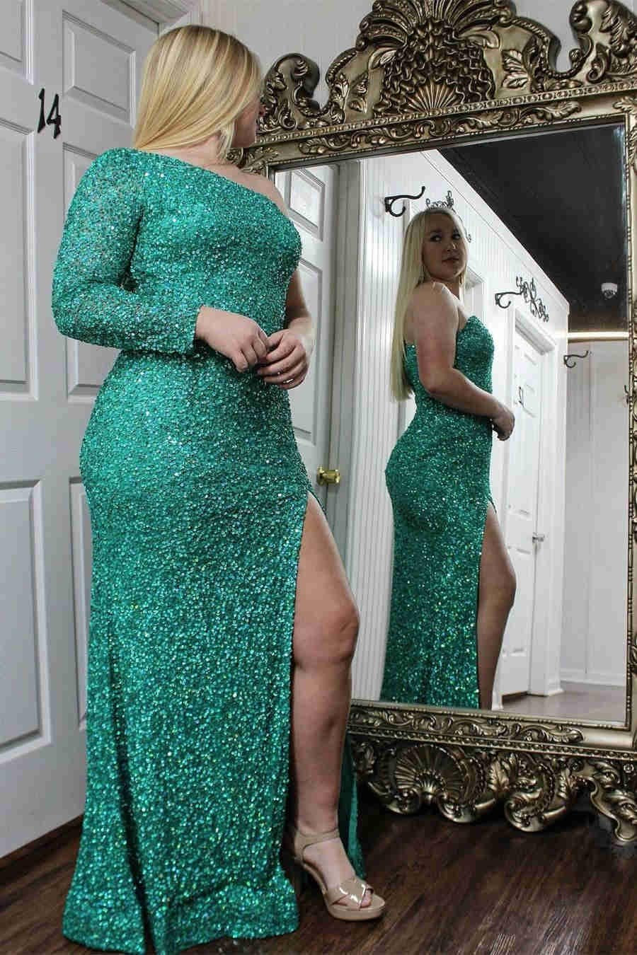 Sheath/Column Velvet Sequins One-Shoulder Long Sleeves Prom Dresses Long Blue Formal Evening Gowns