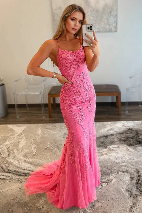 Sheath/Column Tulle Applique Prom Dresses Spaghetti Straps Sleeveless Long Formal Evening Gowns