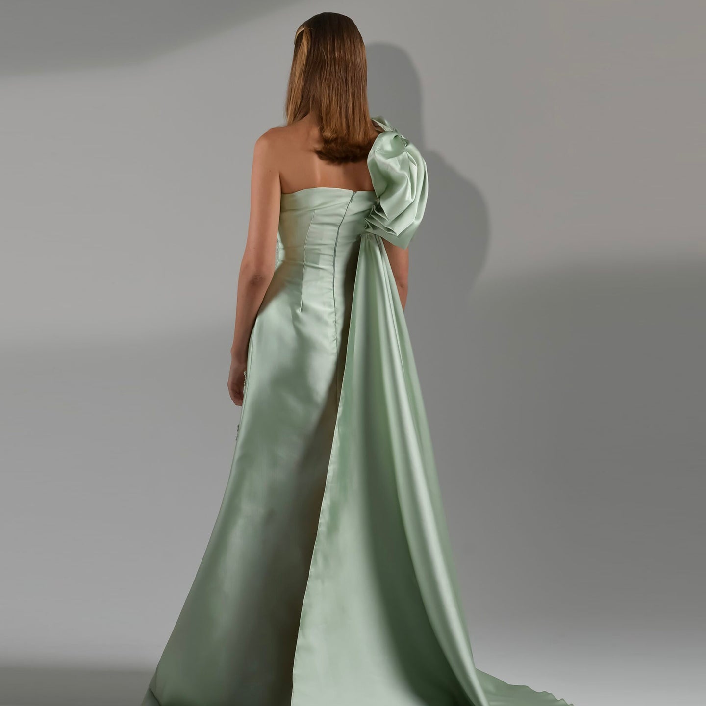 Sage Green One-Shoulder Tassel Evening Dress with Cape SS368