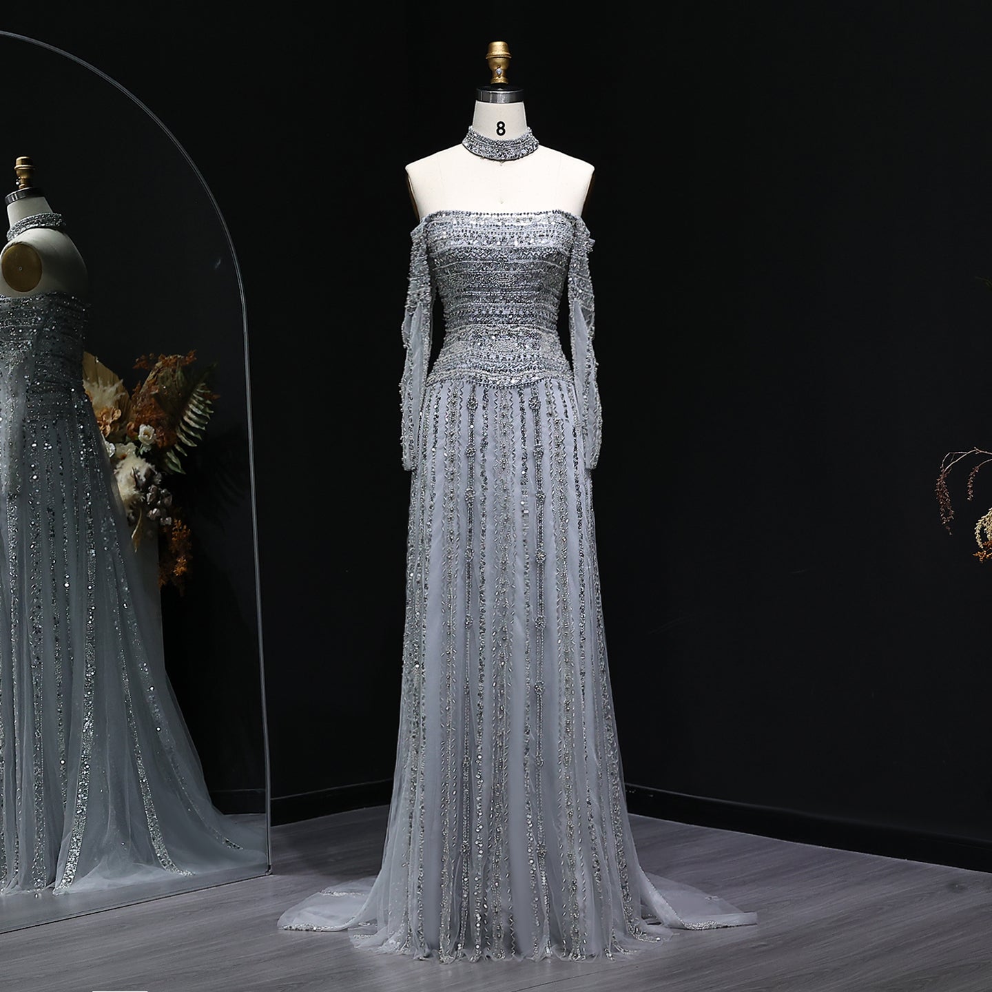 Luxury Beaded Off Shoulder Pink Evening Dress with Choker SS178  Gray / US 18