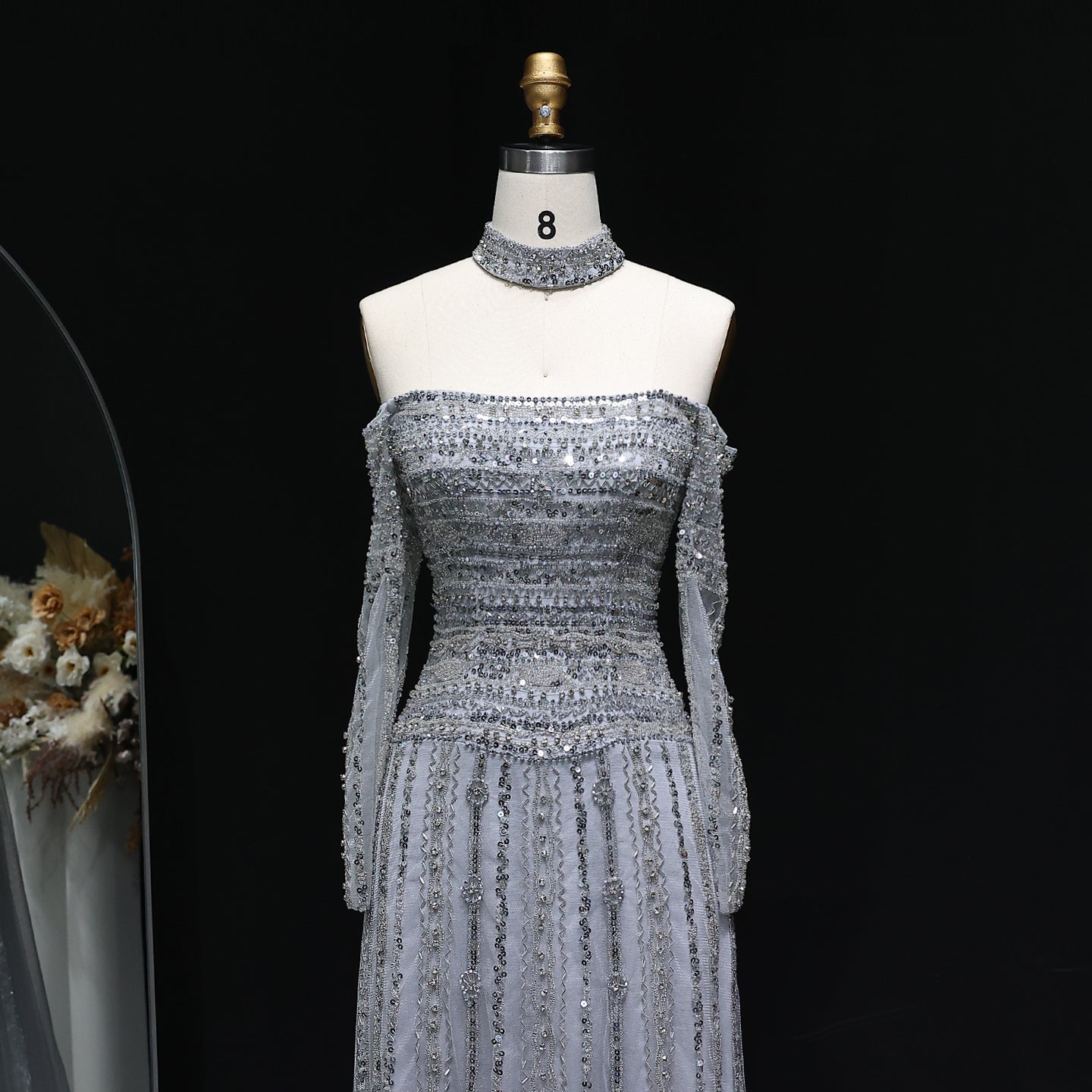 Luxury Beaded Off Shoulder Pink Evening Dress with Choker SS178