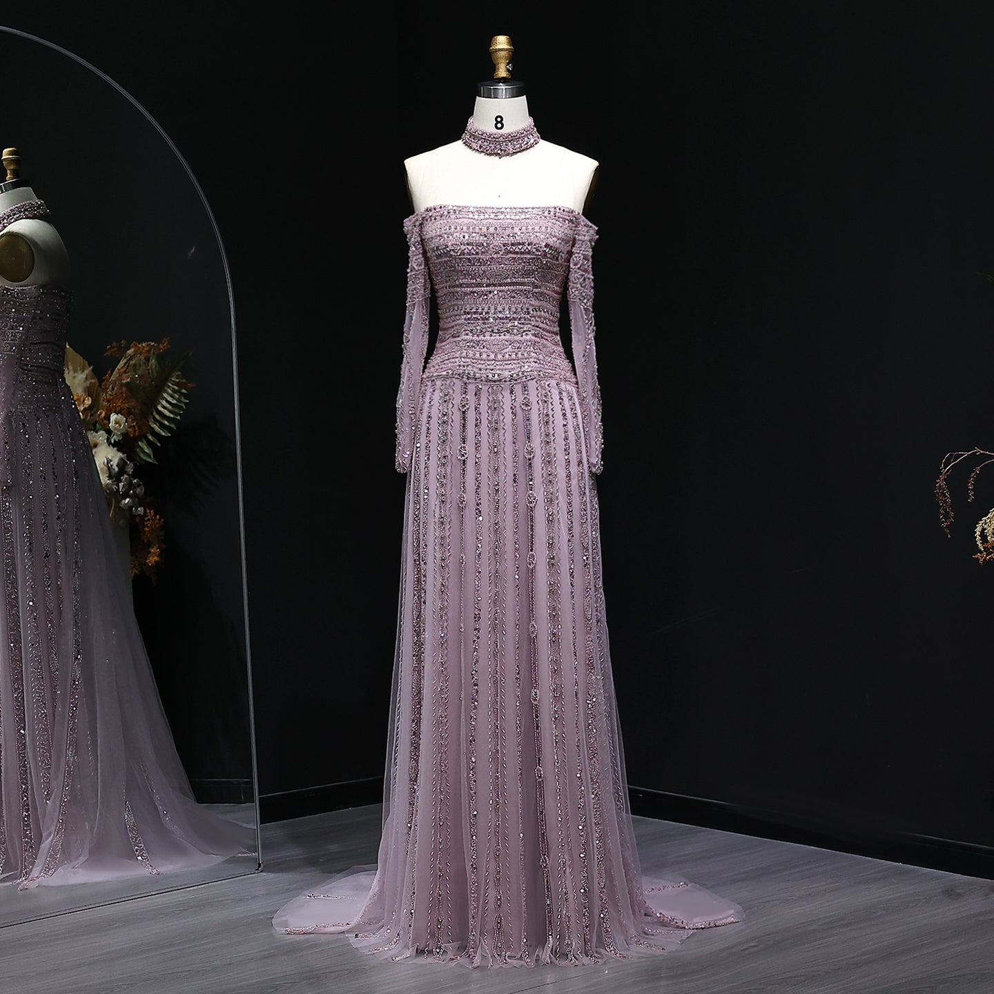 Luxury Beaded Off Shoulder Pink Evening Dress with Choker SS178  Pink / US 18