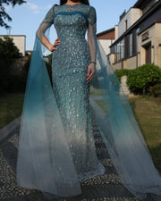 Luxury Turquoise Crystal Evening Dresses with Cape Sleeves SS666